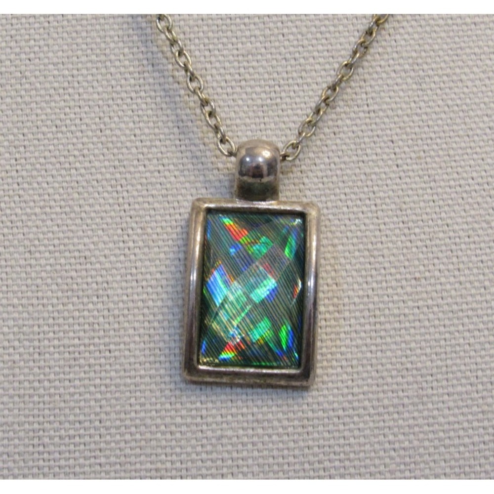 Silver‎ Tone Rectangular Holographic Dichroic  Pendant Necklace 18 Inch